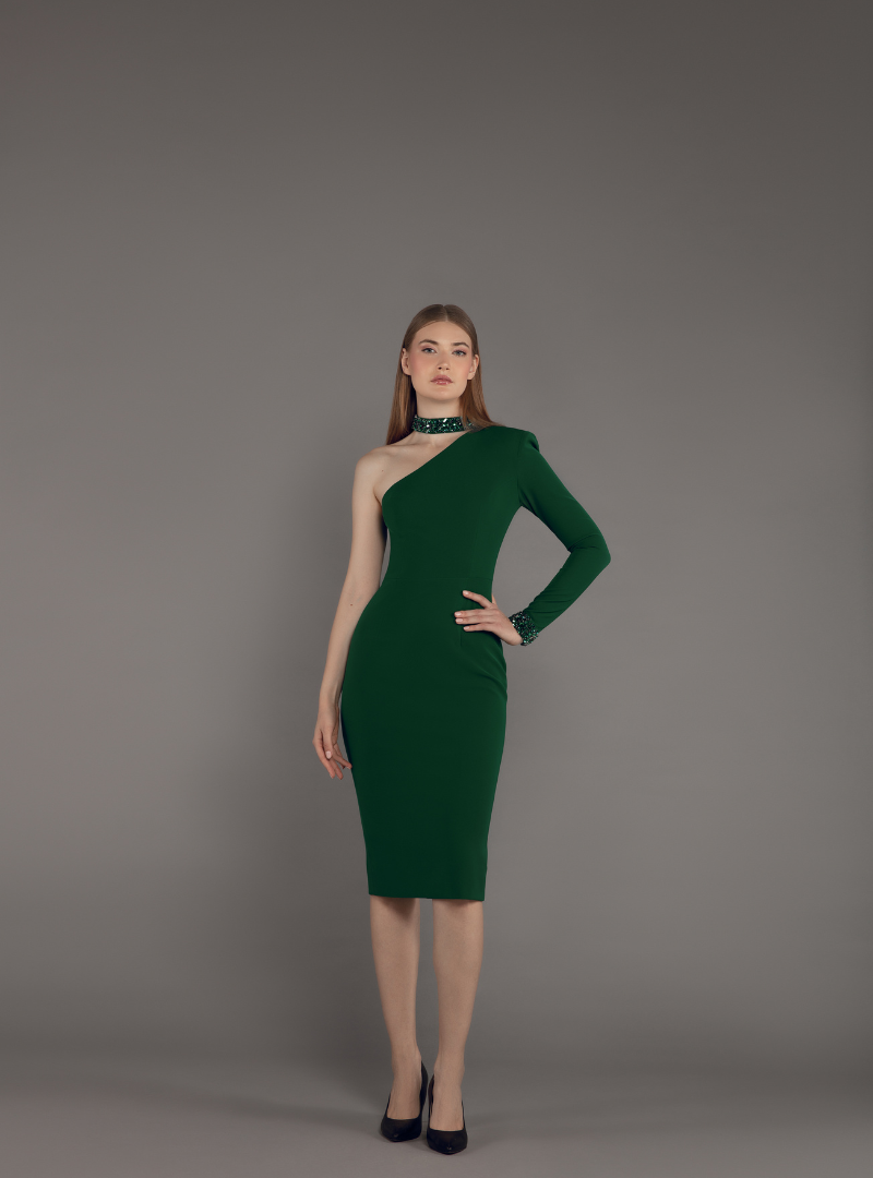 One-Shoulder Midi Dress with Crystal Neckline