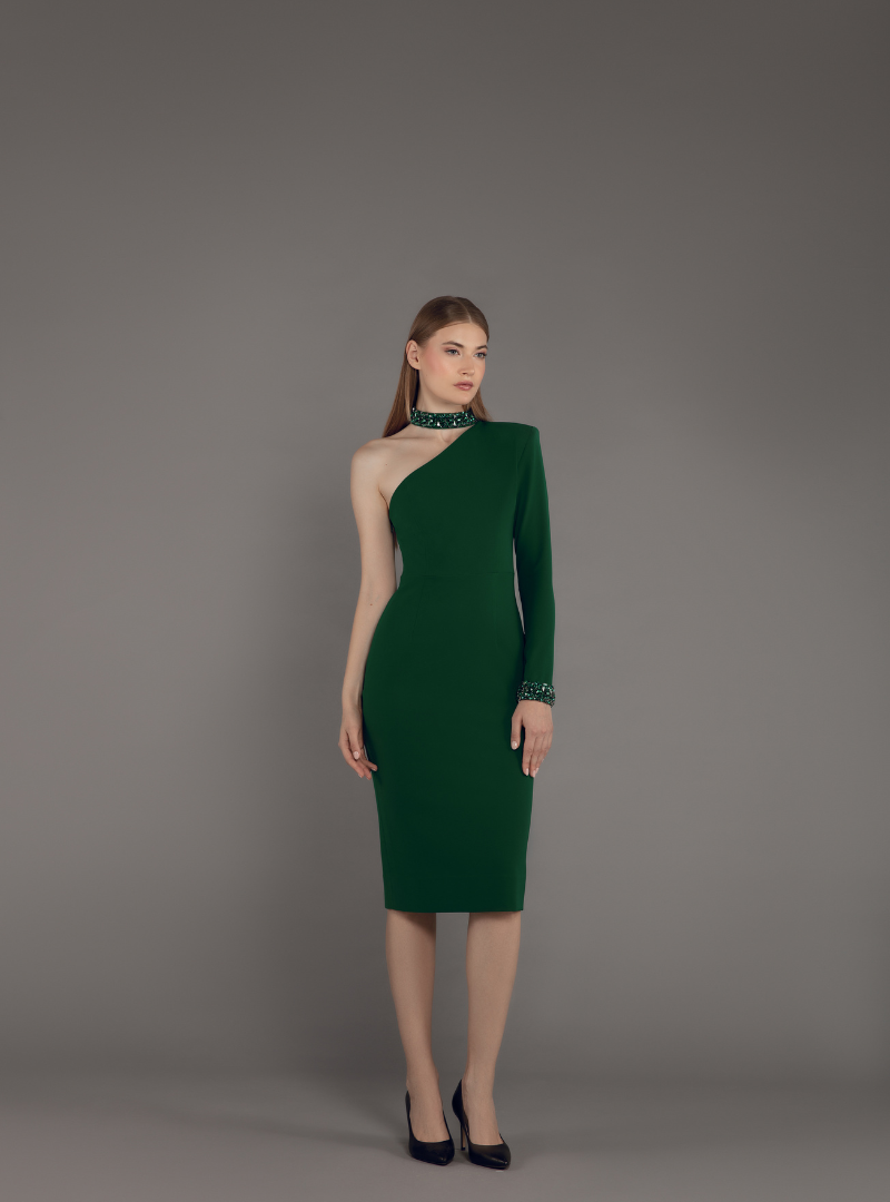 One Shoulder with Crystal Neckline Midi Dress