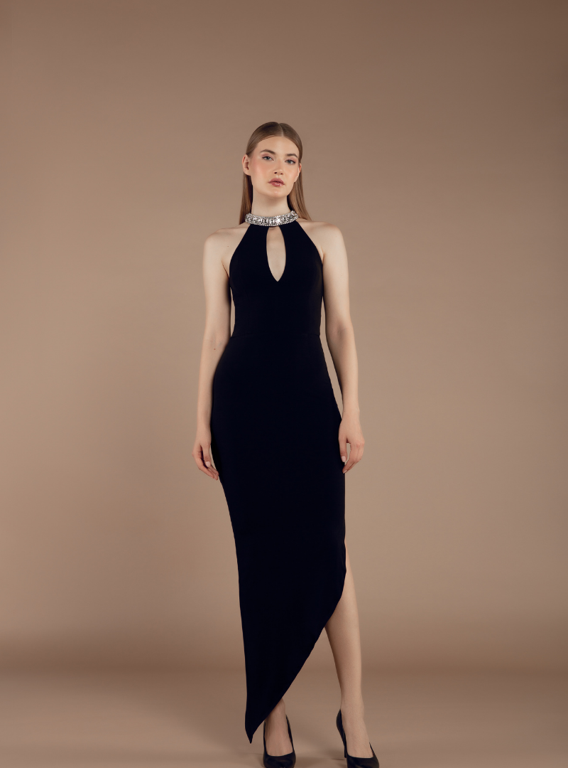 The Asymmetric Midi Dress in Black