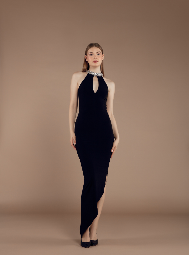 The Asymmetric Midi Dress in Black