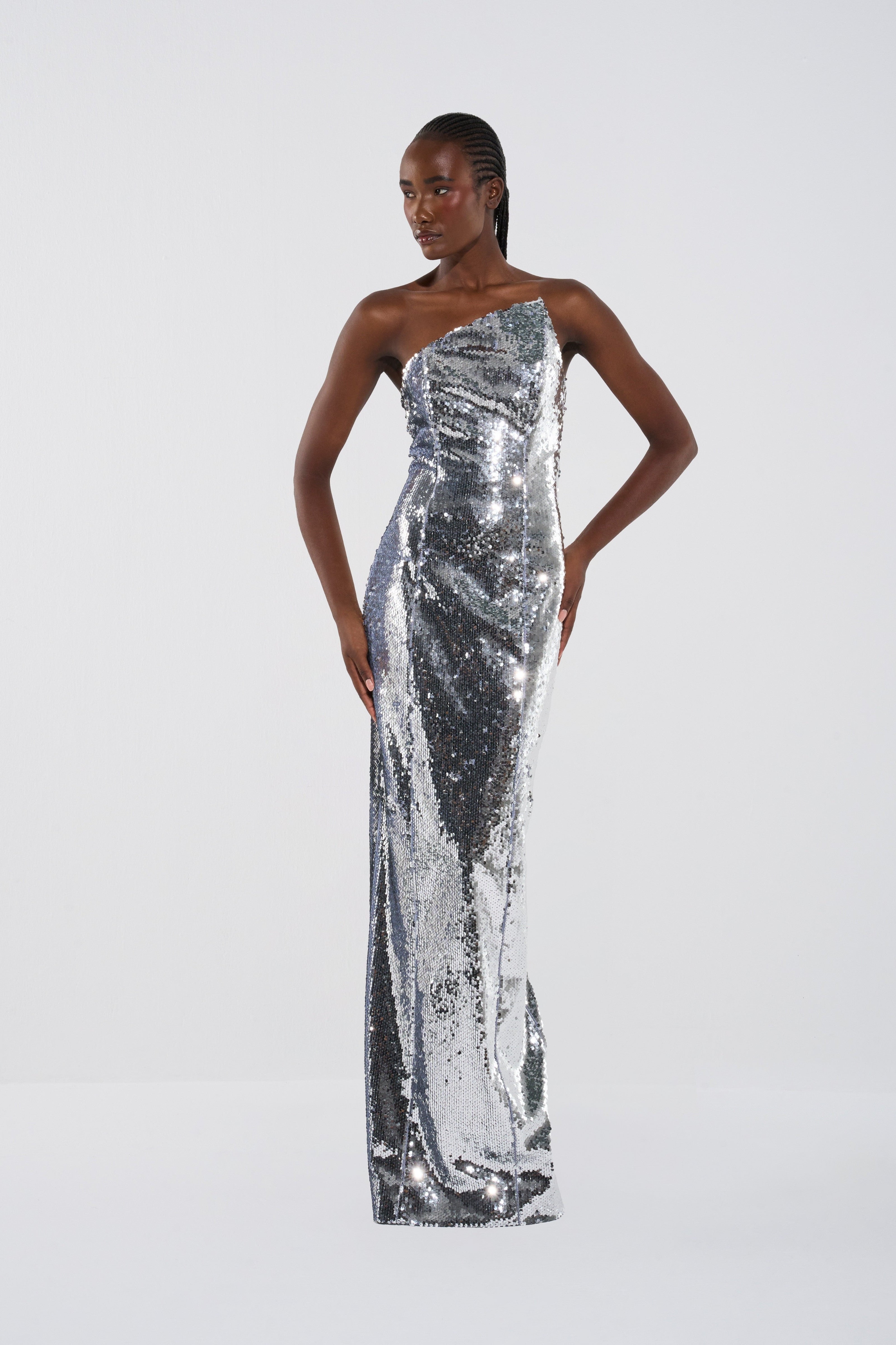 Asymmetric Sequin Column Gown