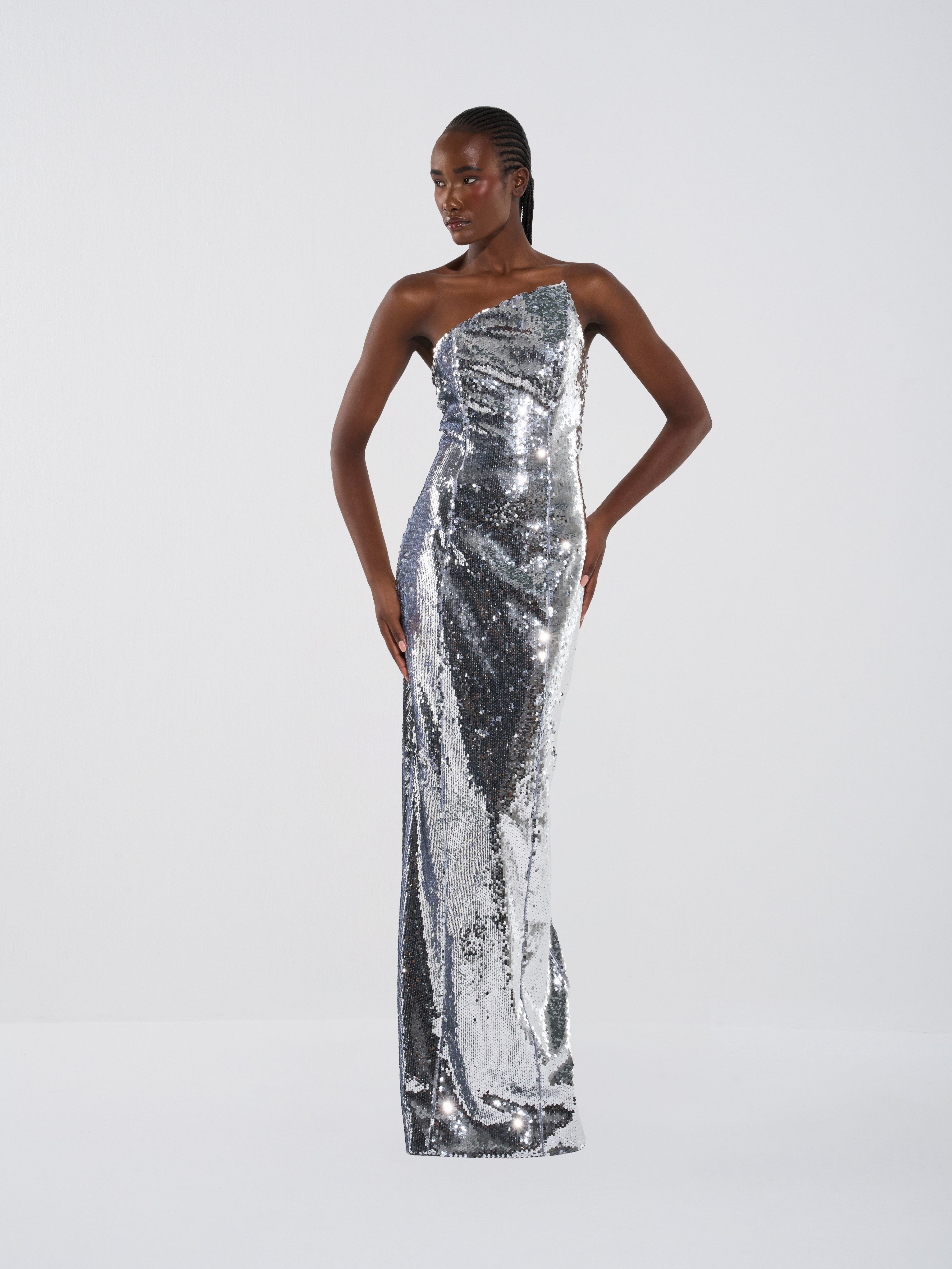 Asymmetric Sequin Column Gown