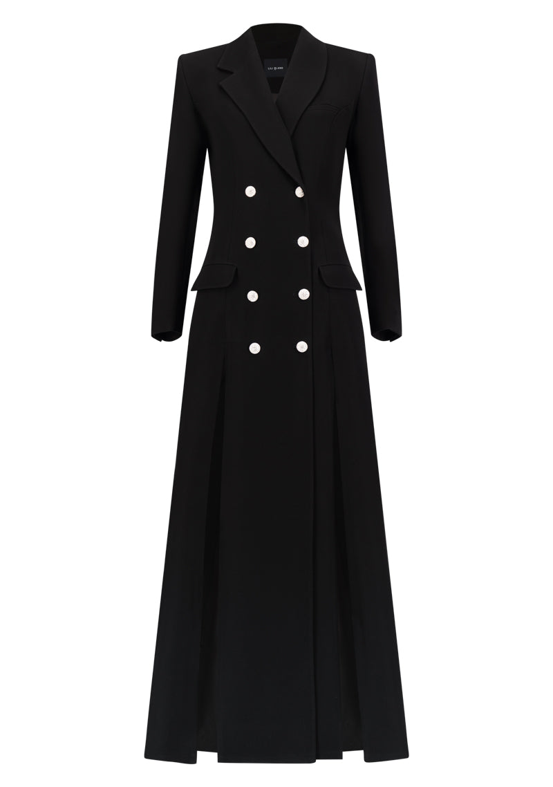 Long Thick Crepe with Crystal Buttons Coat
