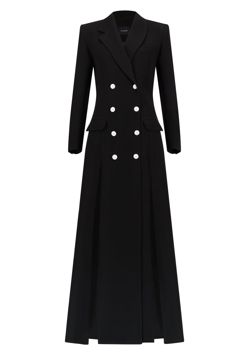 Long Thick Crepe Coat With Crystal Buttons