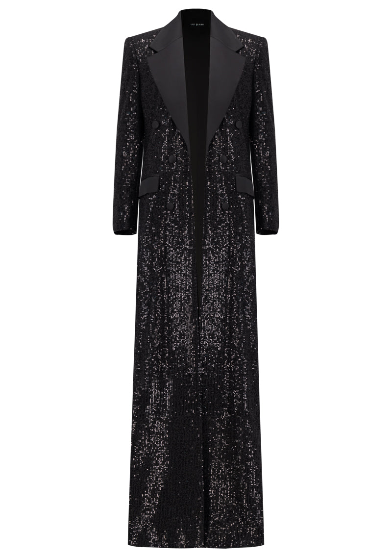 Sequin Coat with Royal Satin Evening Dress Co-ord
