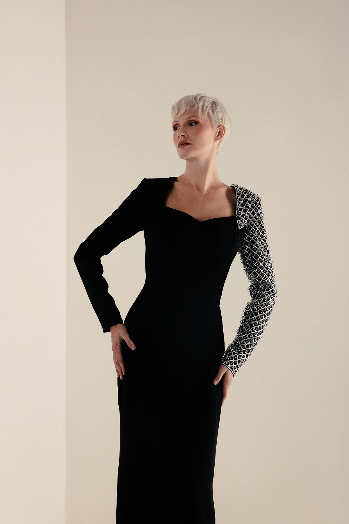 One Sleeve Crystal Evening Dress