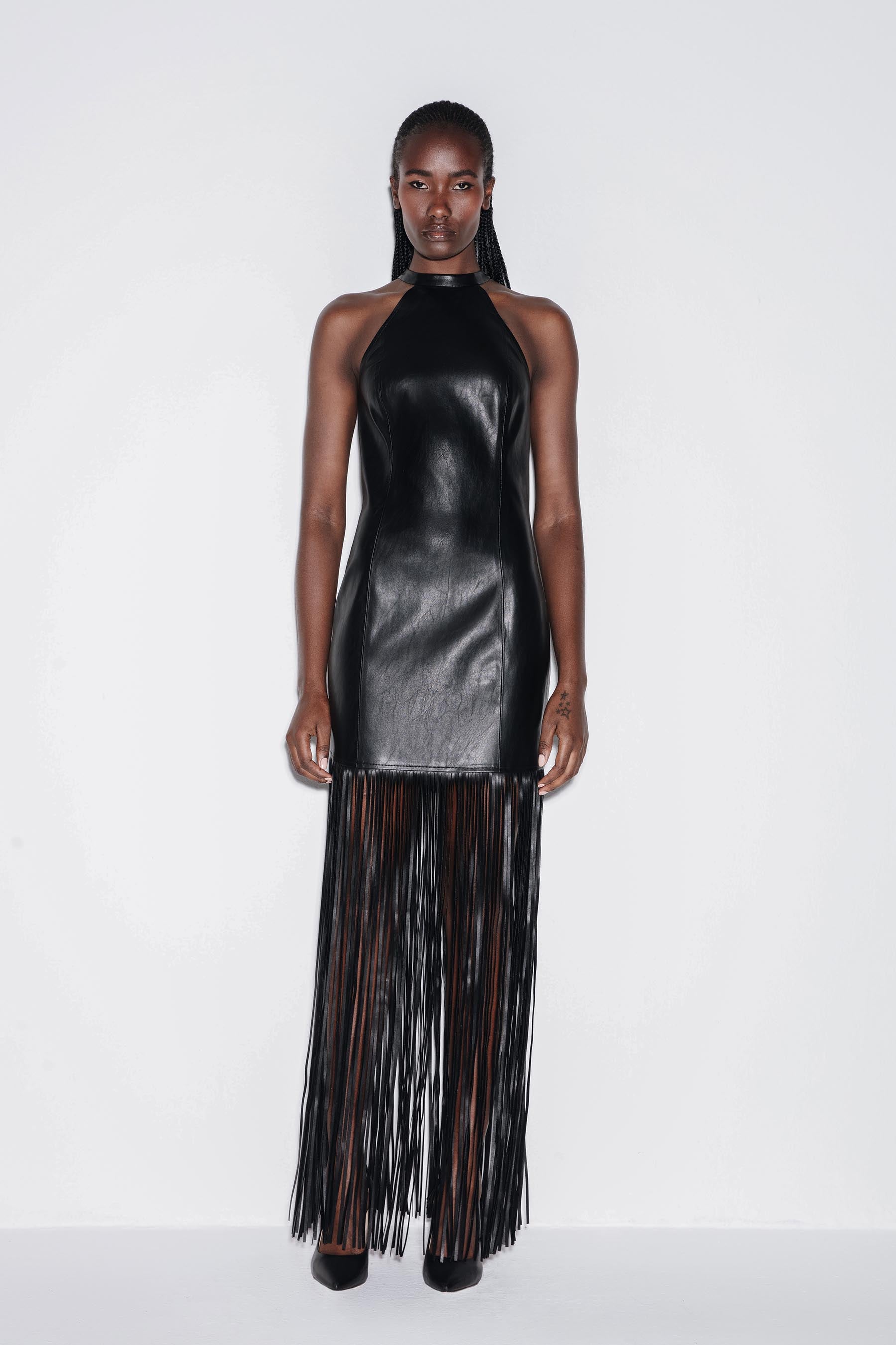 Vegan Leather Fringe Maxi Dress