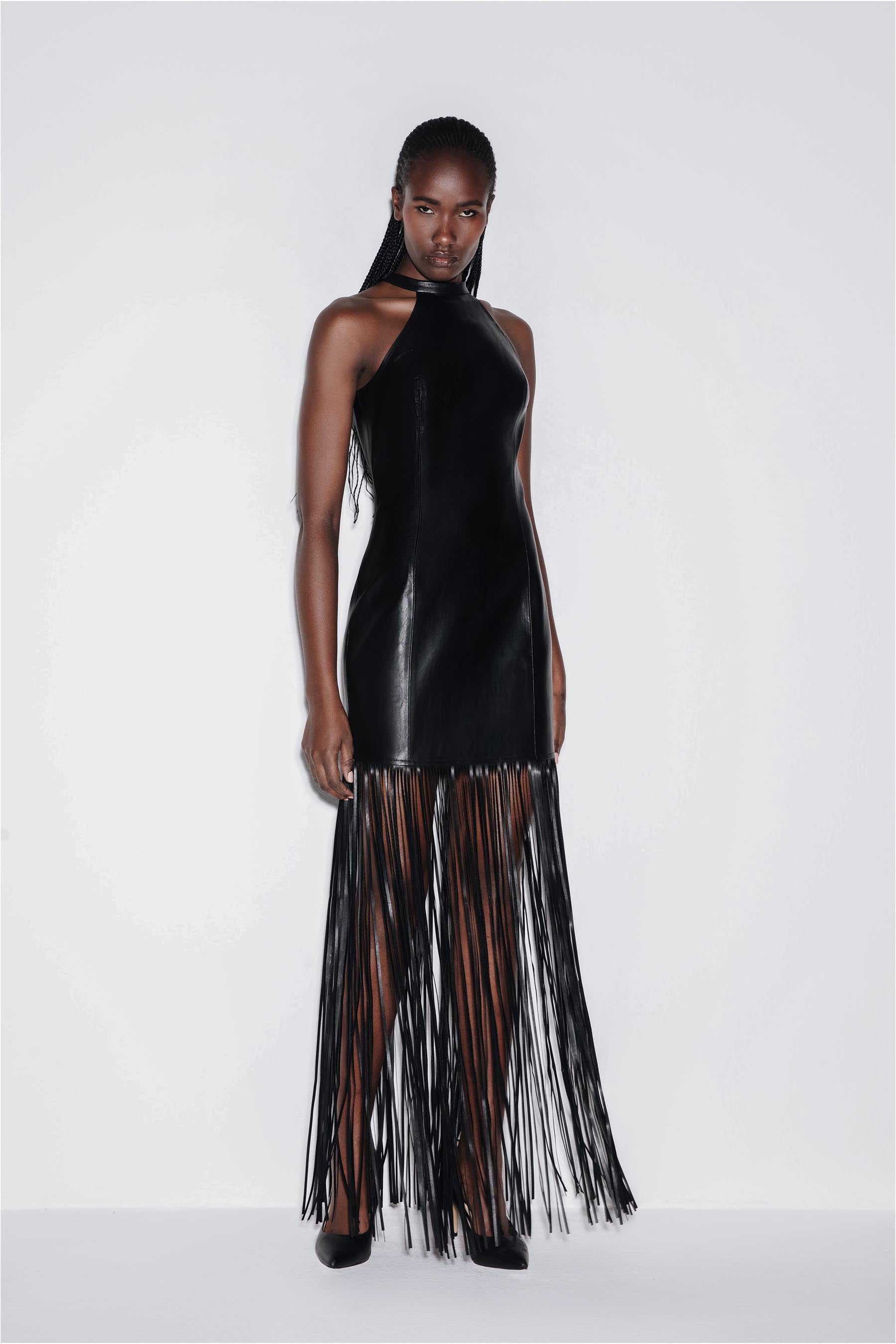 Vegan Leather Fringe Maxi Dress