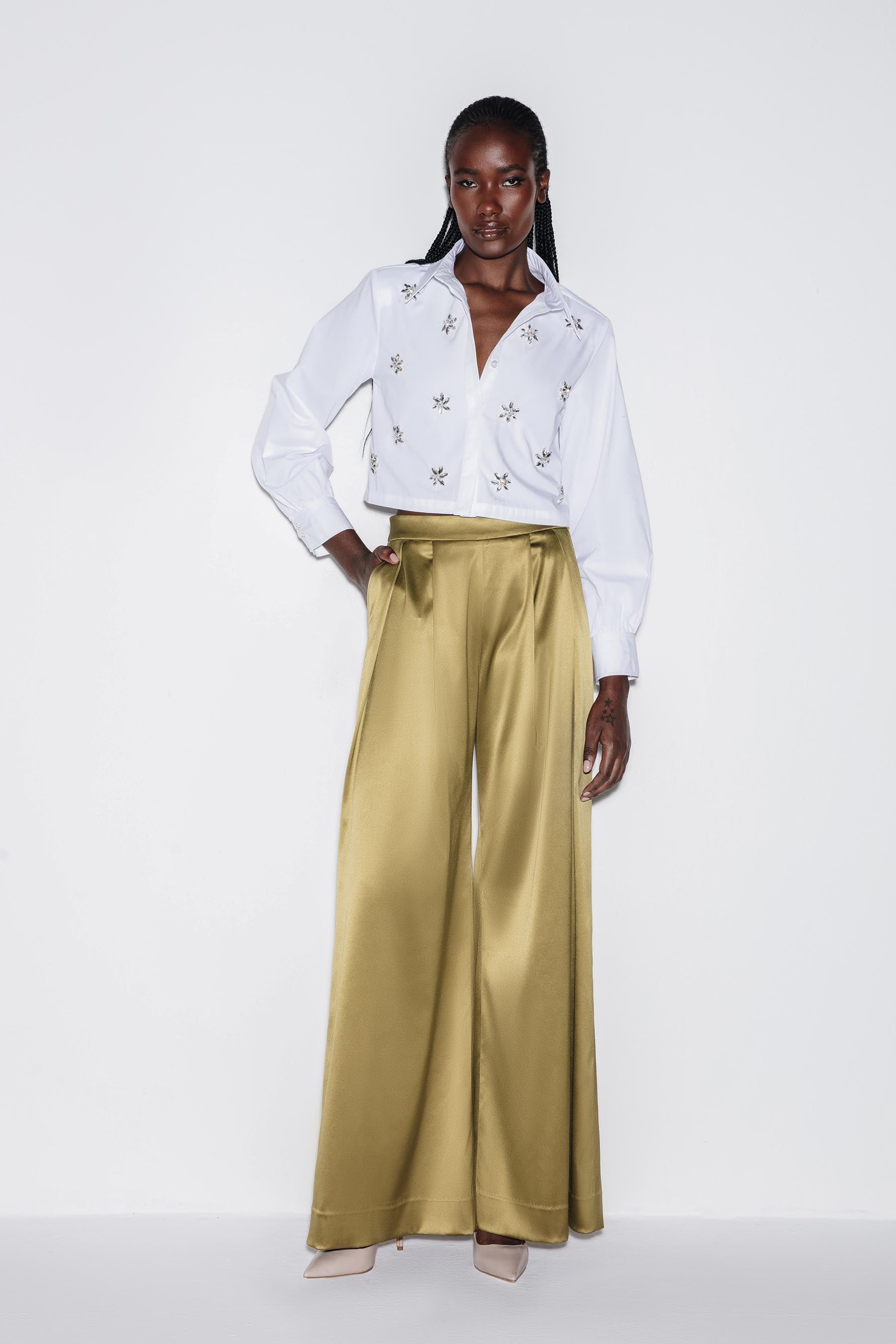 Refined Satin Set High Waisted Wide Leg Trouser