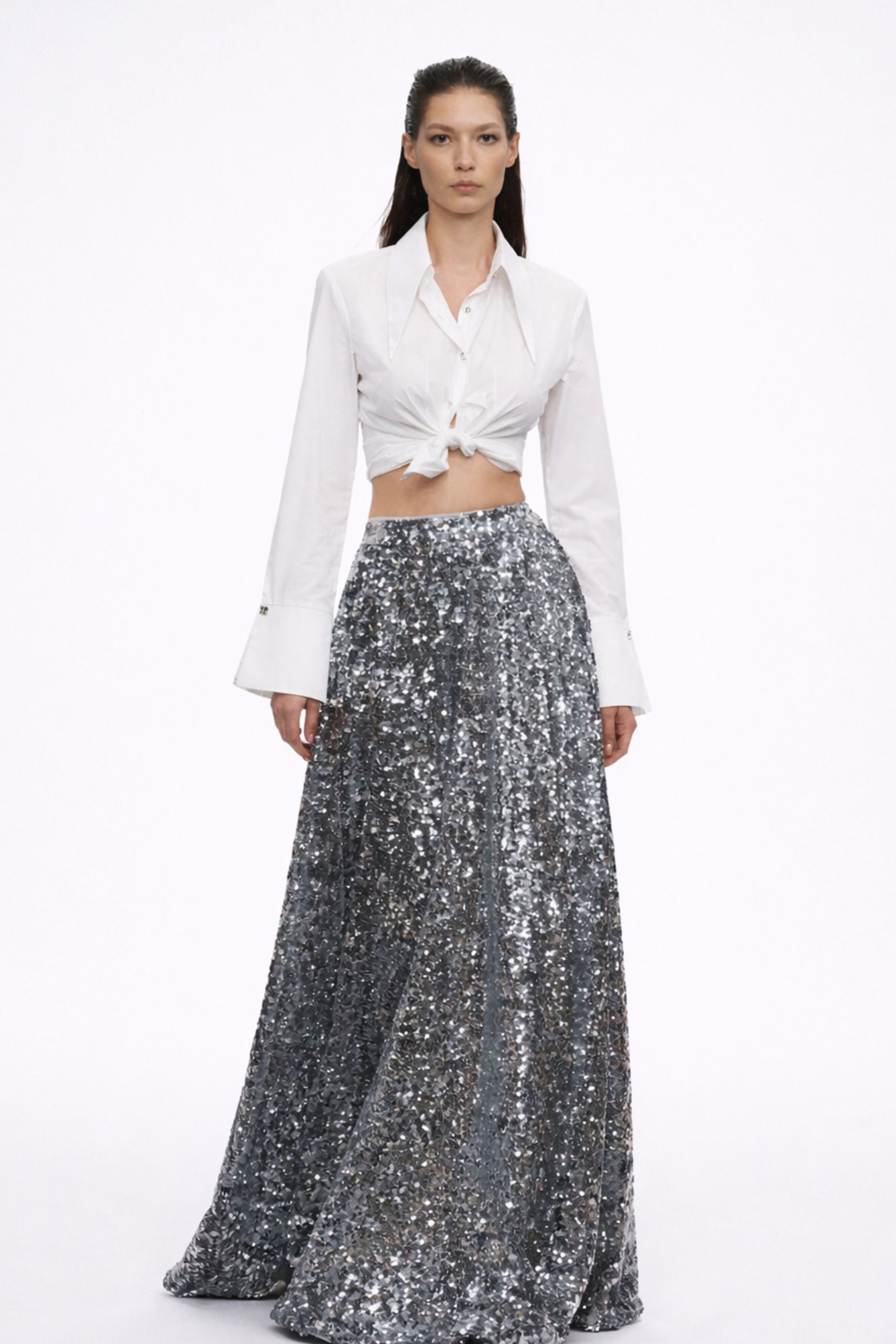 Elegant Tailored Shirt & Sequin Maxi Skirt Set
