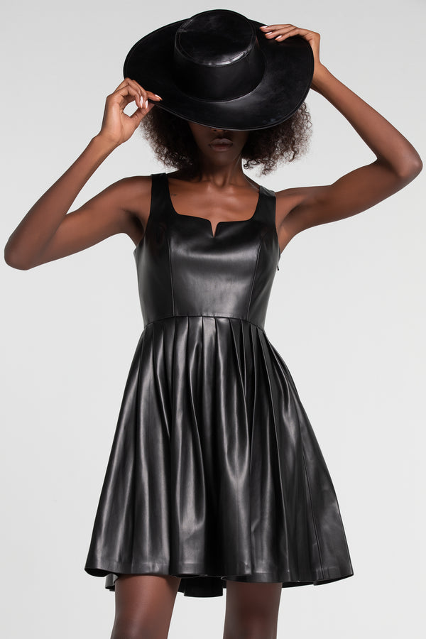SHORT PLEATED LEATHER DRESS